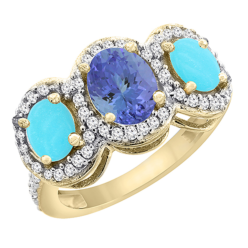 10K Yellow Gold Natural Tanzanite & Turquoise 3-Stone Ring Oval Diamond Accent, sizes 5 - 10