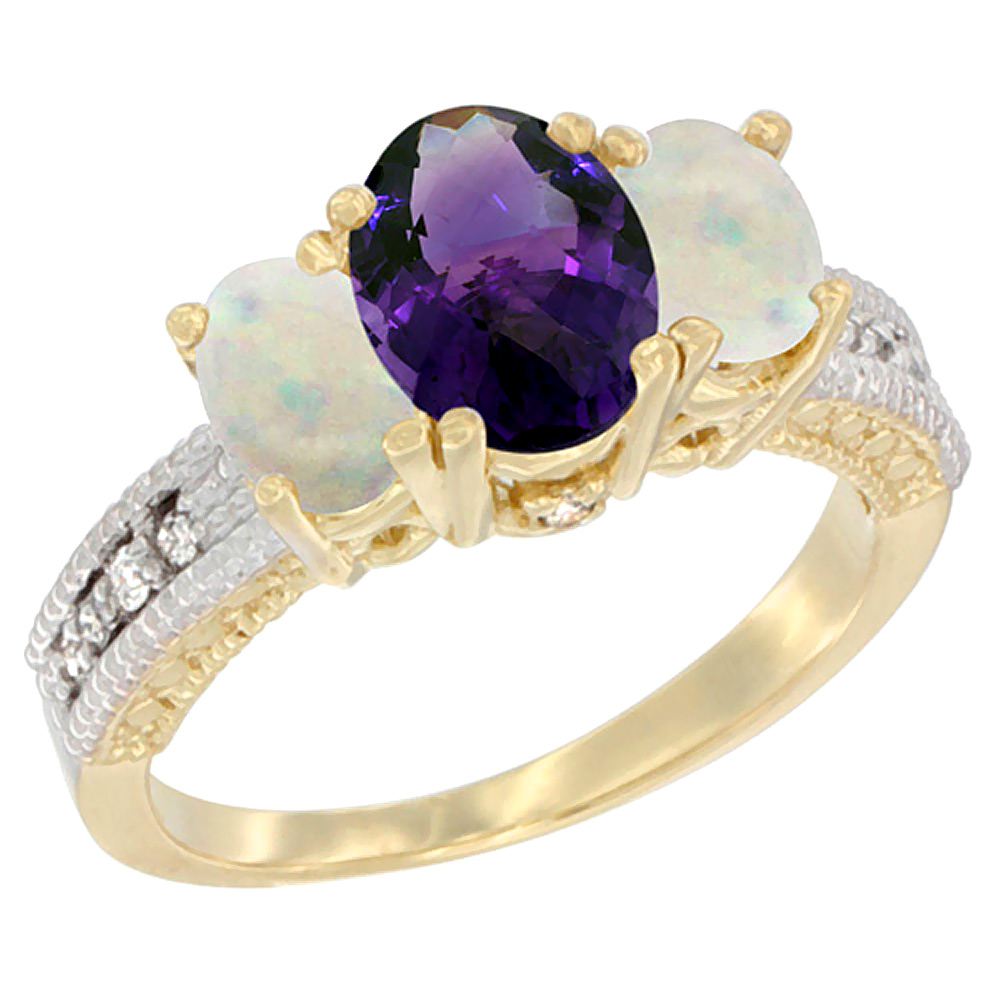 14K Yellow Gold Diamond Natural Amethyst Ring Oval 3-stone with Opal, sizes 5 - 10