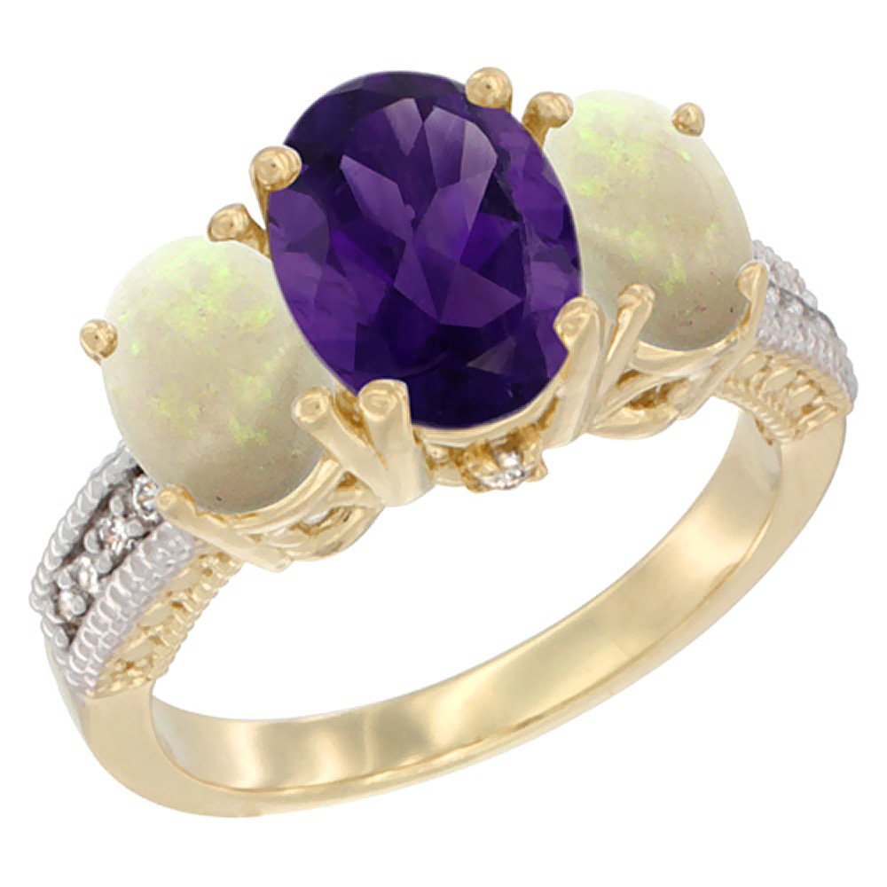 14K Yellow Gold Diamond Natural Amethyst Ring 3-Stone Oval 8x6mm with Opal, sizes5-10
