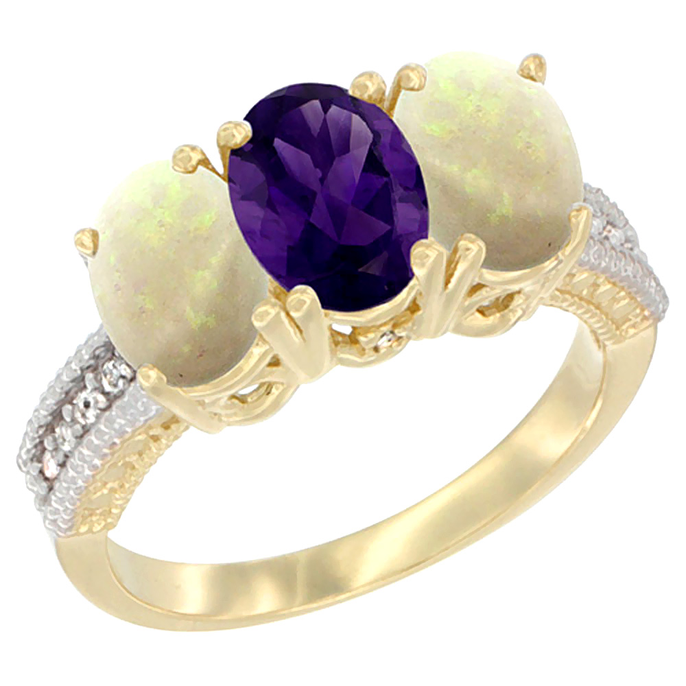 14K Yellow Gold Natural Amethyst &amp; Opal Sides Ring 3-Stone 7x5 mm Oval Diamond Accent, sizes 5 - 10