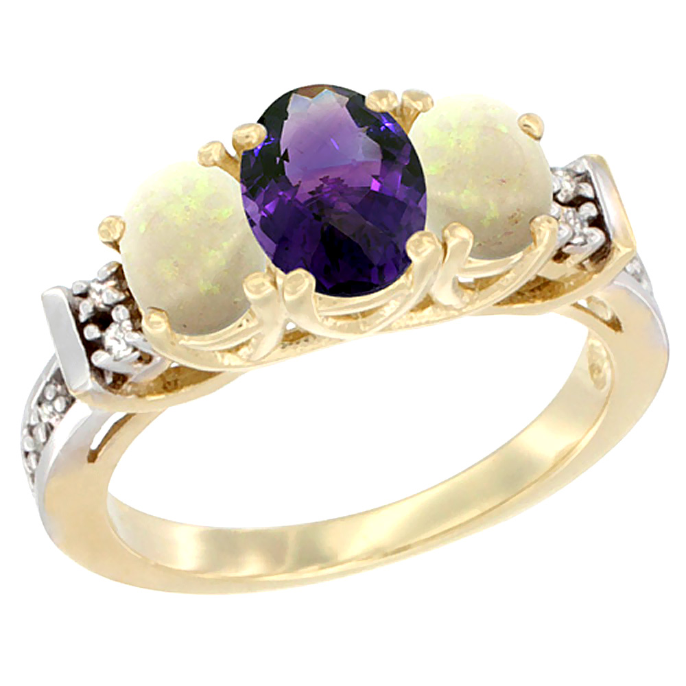 14K Yellow Gold Natural Amethyst &amp; Opal Ring 3-Stone Oval Diamond Accent