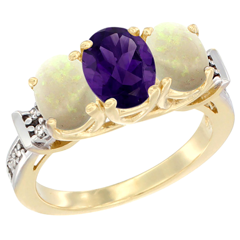 10K Yellow Gold Natural Amethyst &amp; Opal Sides Ring 3-Stone Oval Diamond Accent, sizes 5 - 10