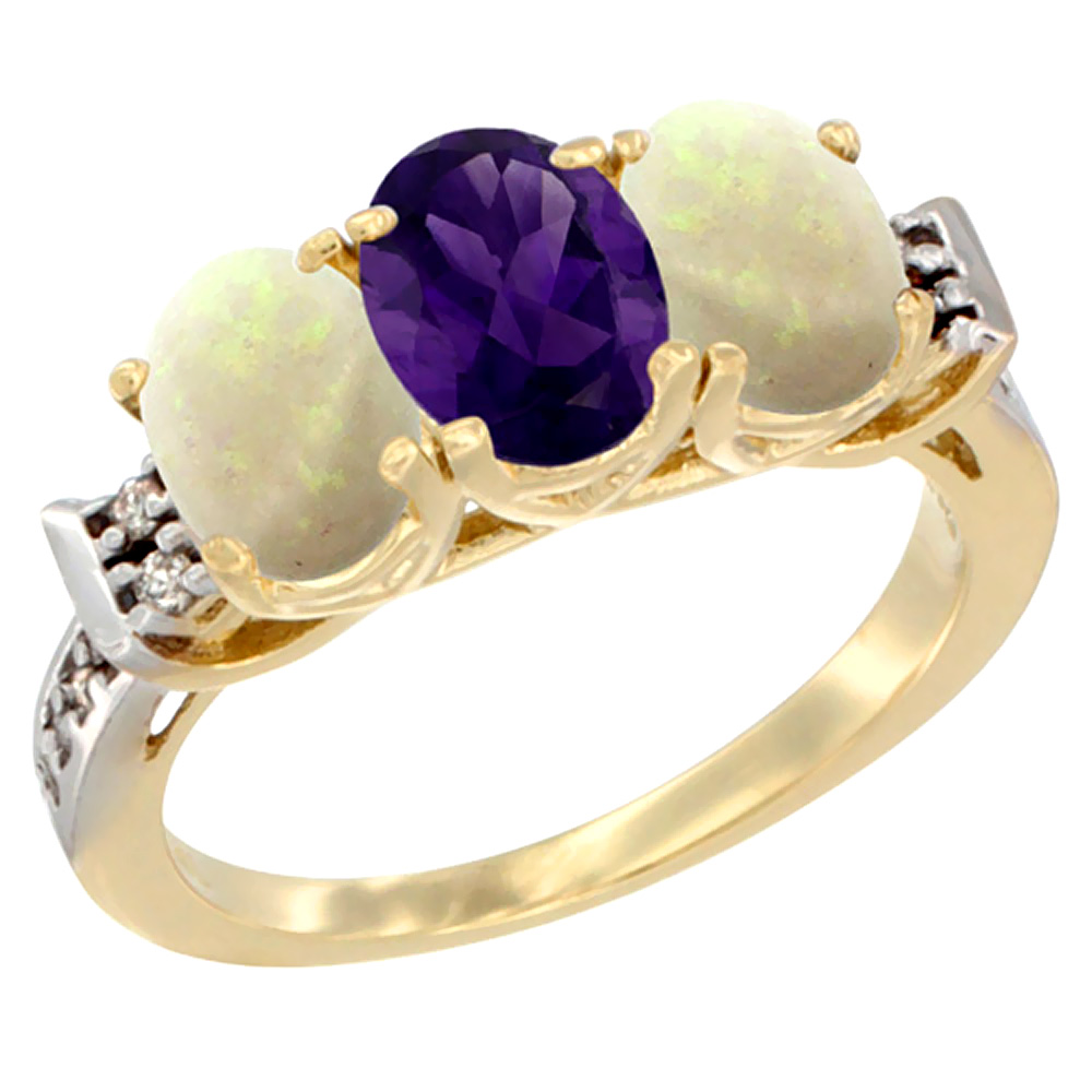14K Yellow Gold Natural Amethyst & Opal Sides Ring 3-Stone Oval 7x5 mm Diamond Accent, sizes 5 - 10