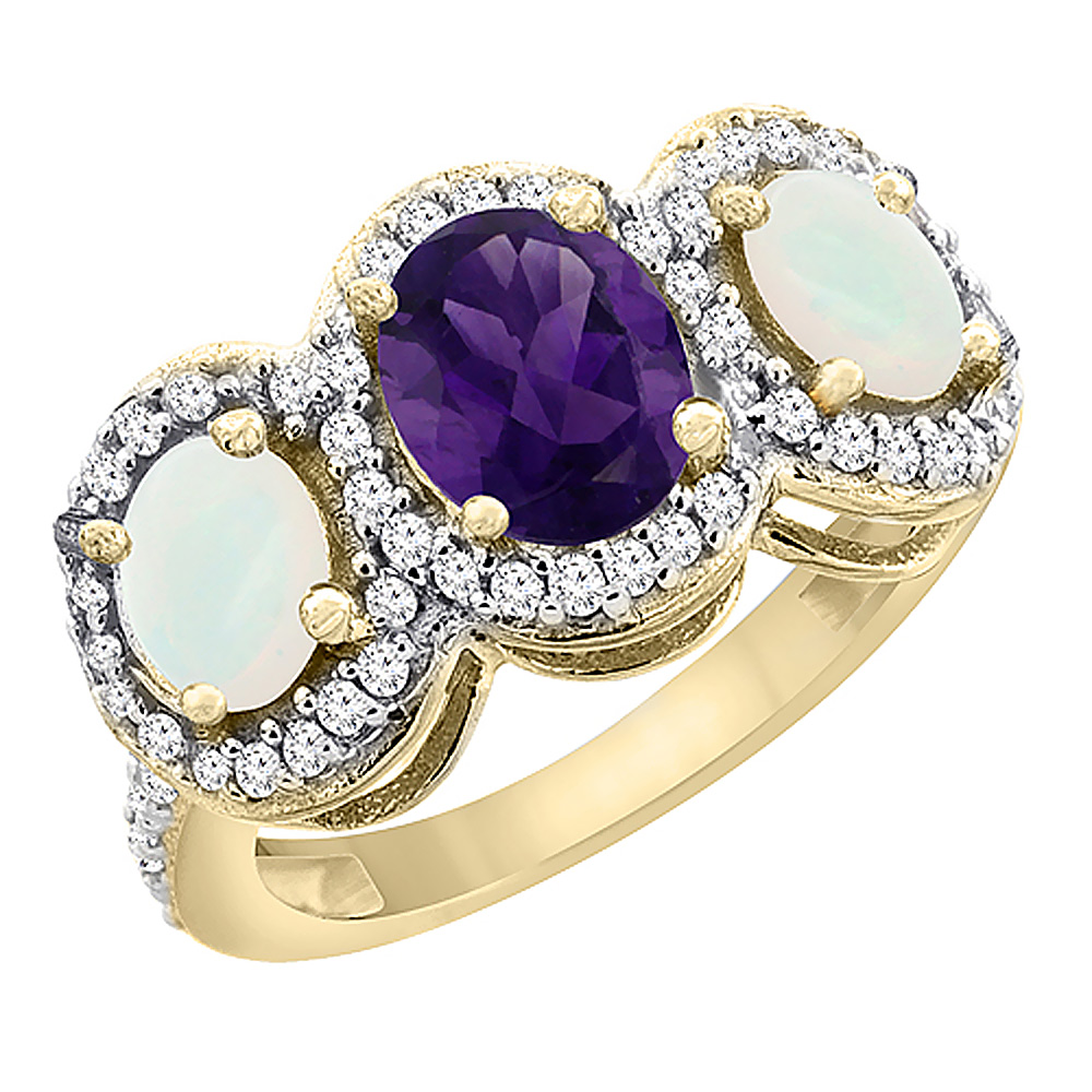 14K Yellow Gold Natural Amethyst & Opal 3-Stone Ring Oval Diamond Accent, sizes 5 - 10