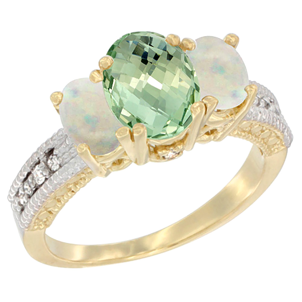 10K Yellow Gold Diamond Natural Green Amethyst Ring Oval 3-stone with Opal, sizes 5 - 10