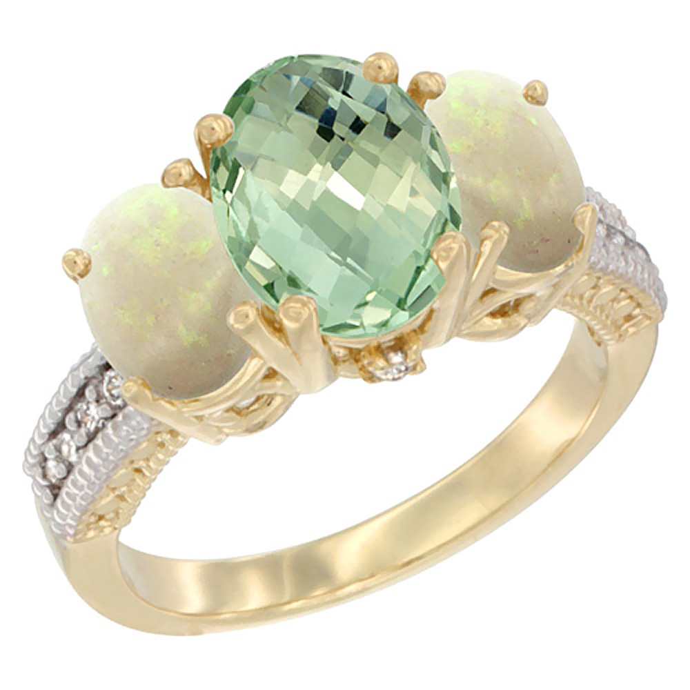 10K Yellow Gold Diamond Natural Green Amethyst Ring 3-Stone Oval 8x6mm with Opal, sizes5-10