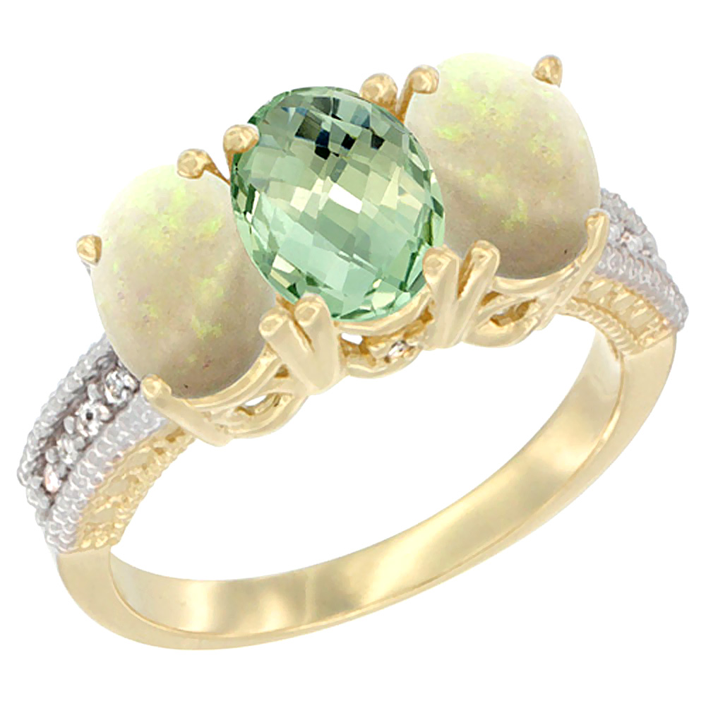 14K Yellow Gold Natural Green Amethyst & Opal Sides Ring 3-Stone 7x5 mm Oval Diamond Accent, sizes 5 - 10
