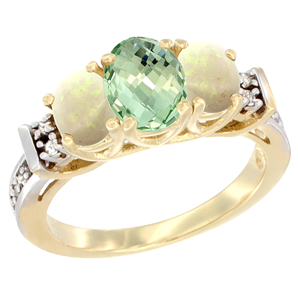 14K Yellow Gold Natural Green Amethyst & Opal Ring 3-Stone Oval Diamond Accent