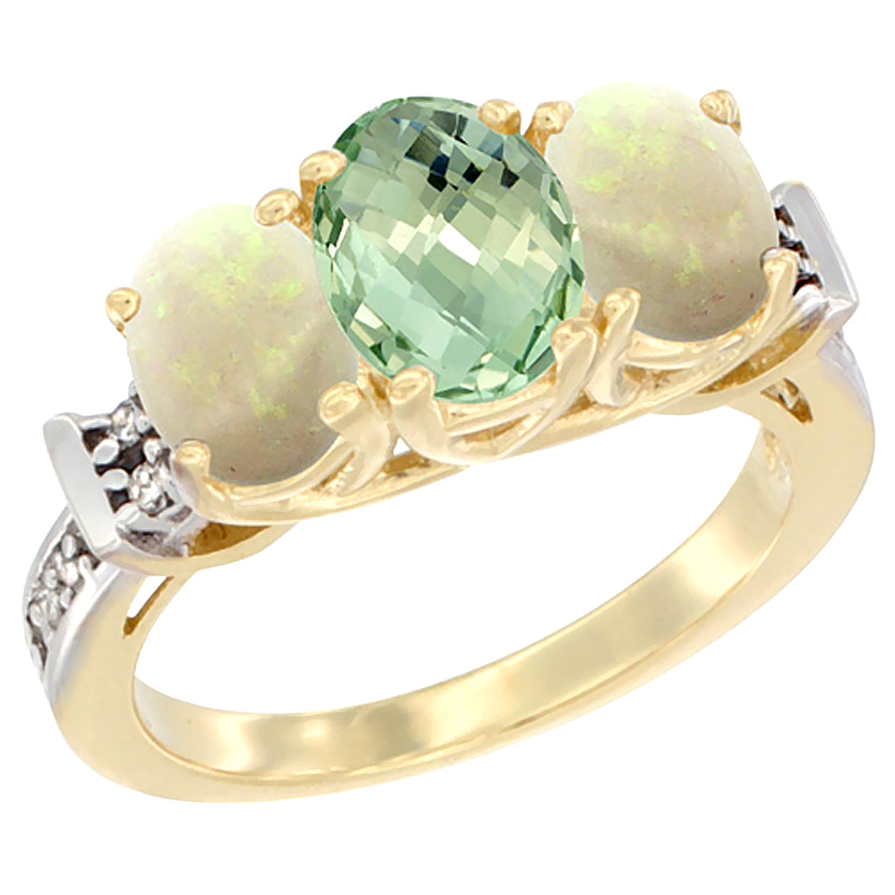 14K Yellow Gold Natural Green Amethyst & Opal Sides Ring 3-Stone Oval Diamond Accent, sizes 5 - 10