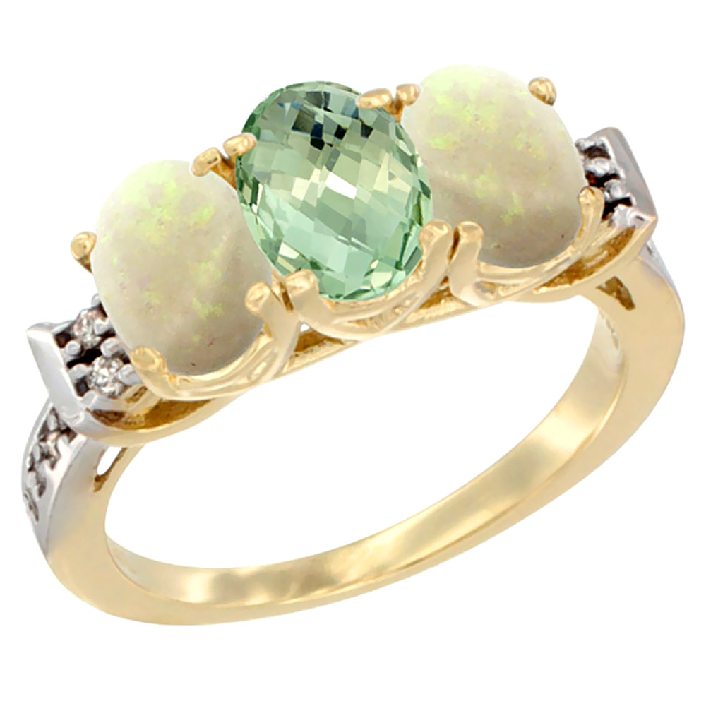 14K Yellow Gold Natural Green Amethyst &amp; Opal Sides Ring 3-Stone Oval 7x5 mm Diamond Accent, sizes 5 - 10