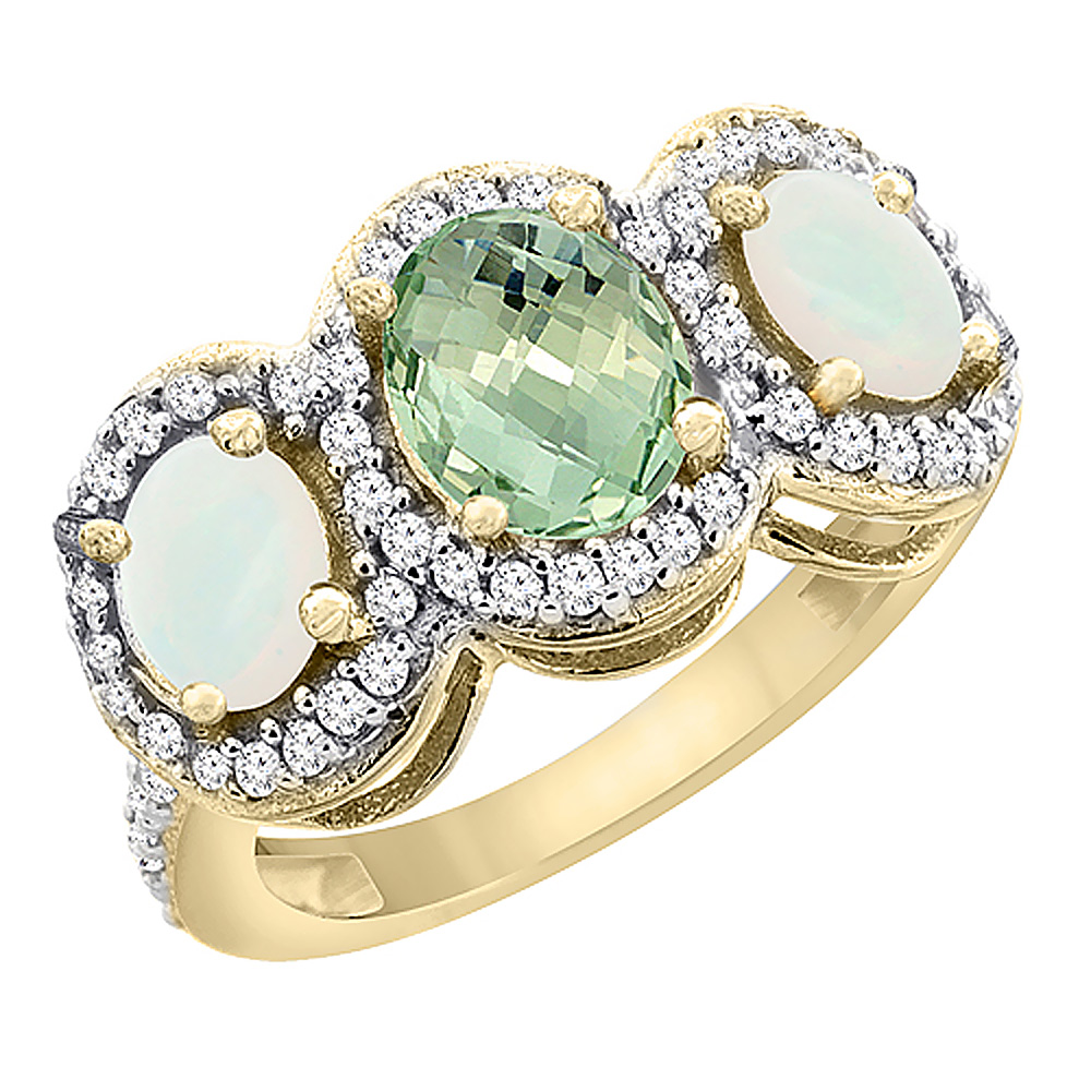 10K Yellow Gold Natural Green Amethyst &amp; Opal 3-Stone Ring Oval Diamond Accent, sizes 5 - 10