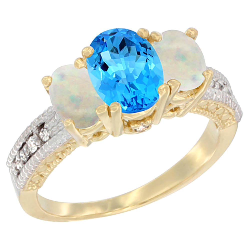 14K Yellow Gold Diamond Natural Swiss Blue Topaz Ring Oval 3-stone with Opal, sizes 5 - 10