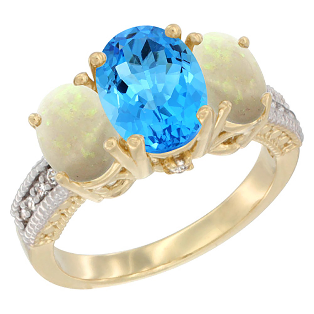 10K Yellow Gold Diamond Natural Swiss Blue Topaz Ring 3-Stone Oval 8x6mm with Opal, sizes5-10