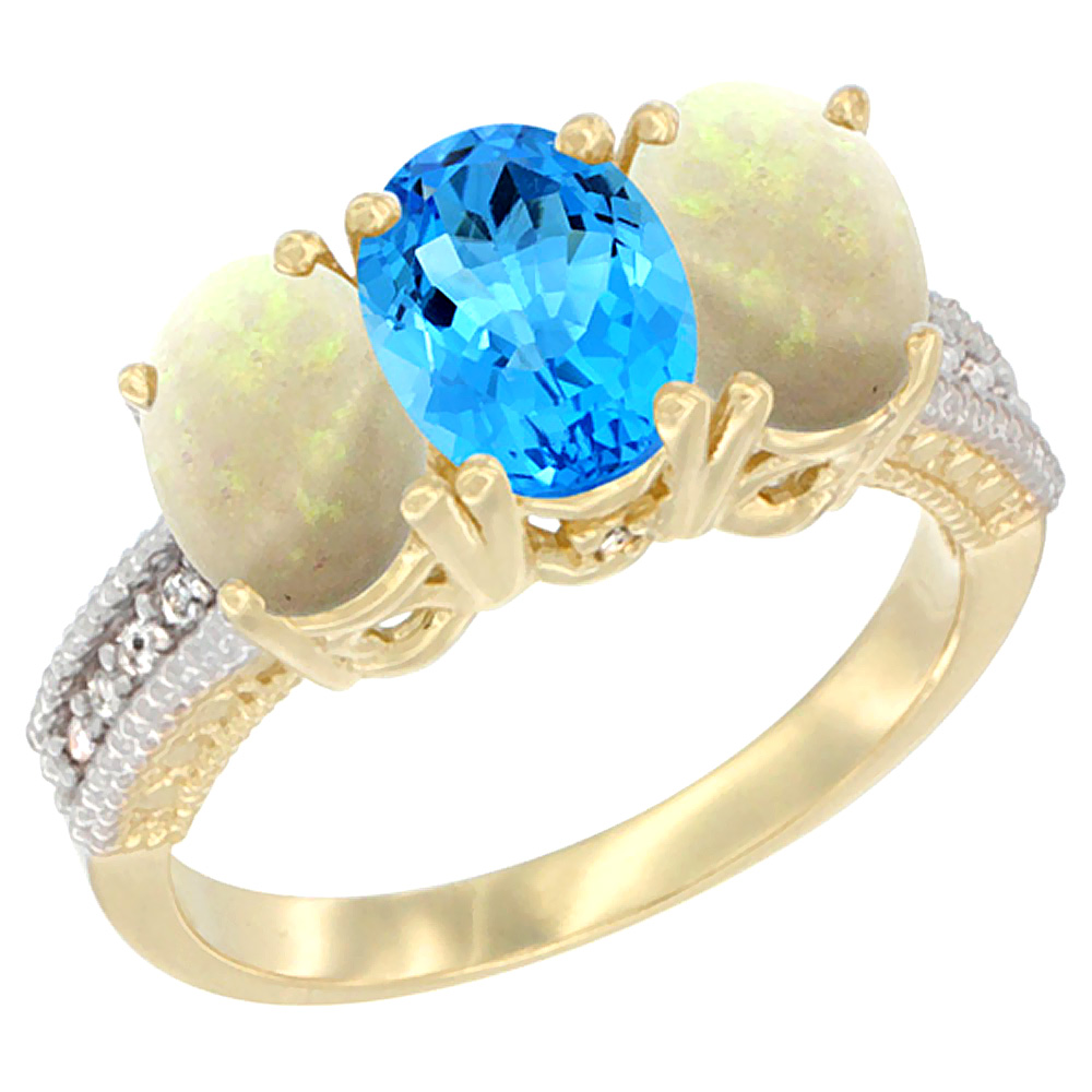 14K Yellow Gold Natural Swiss Blue Topaz &amp; Opal Sides Ring 3-Stone 7x5 mm Oval Diamond Accent, sizes 5 - 10