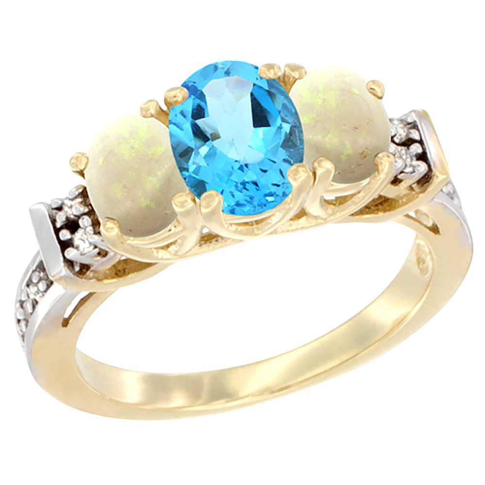 14K Yellow Gold Natural Swiss Blue Topaz &amp; Opal Ring 3-Stone Oval Diamond Accent