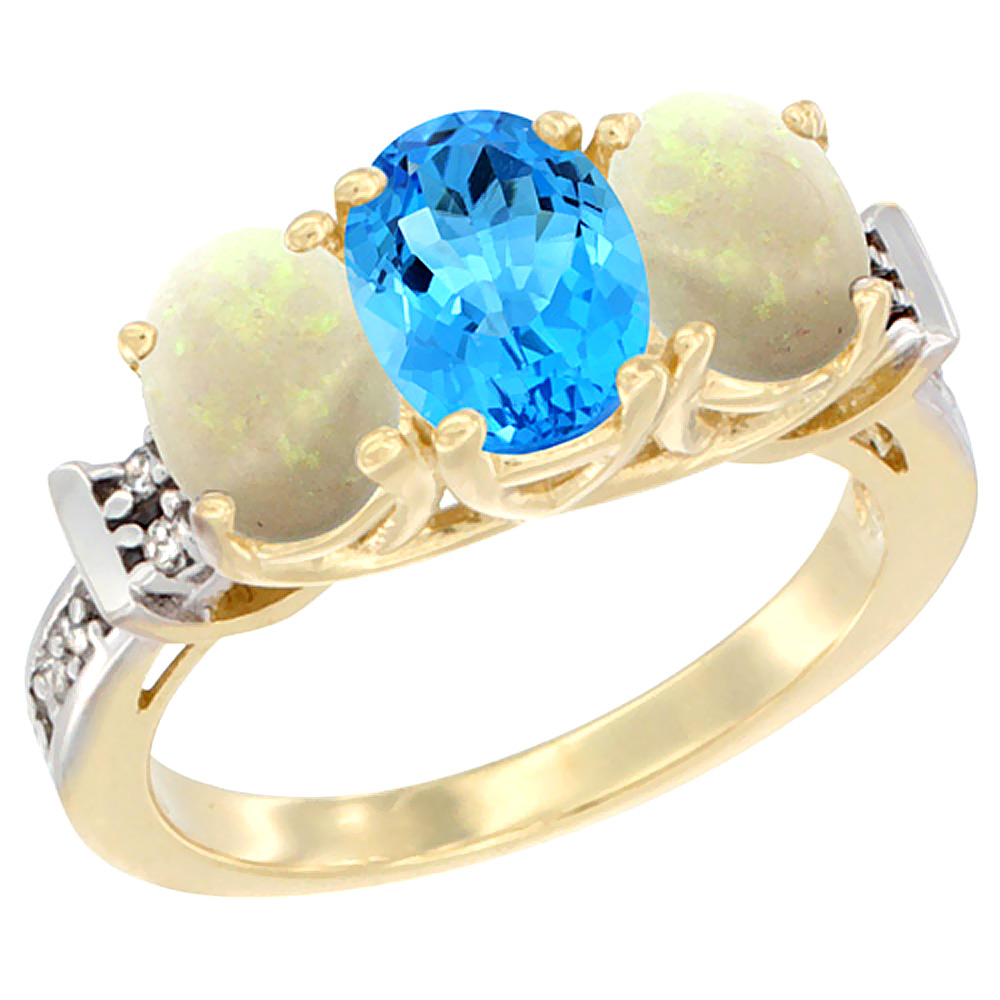 14K Yellow Gold Natural Swiss Blue Topaz & Opal Sides Ring 3-Stone Oval Diamond Accent, sizes 5 - 10