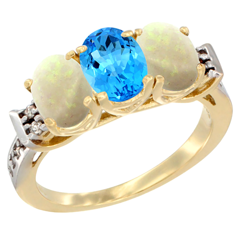 10K Yellow Gold Natural Swiss Blue Topaz & Opal Sides Ring 3-Stone Oval 7x5 mm Diamond Accent, sizes 5 - 10