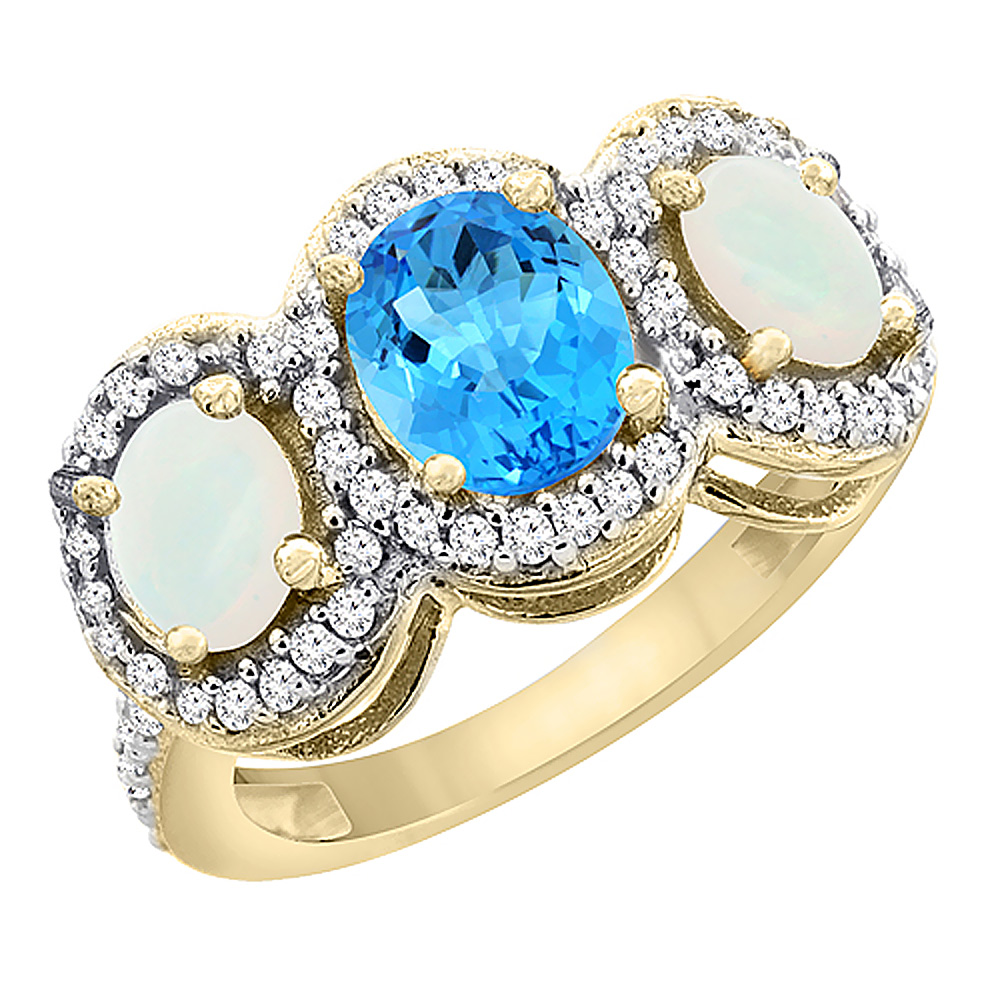 10K Yellow Gold Natural Swiss Blue Topaz &amp; Opal 3-Stone Ring Oval Diamond Accent, sizes 5 - 10