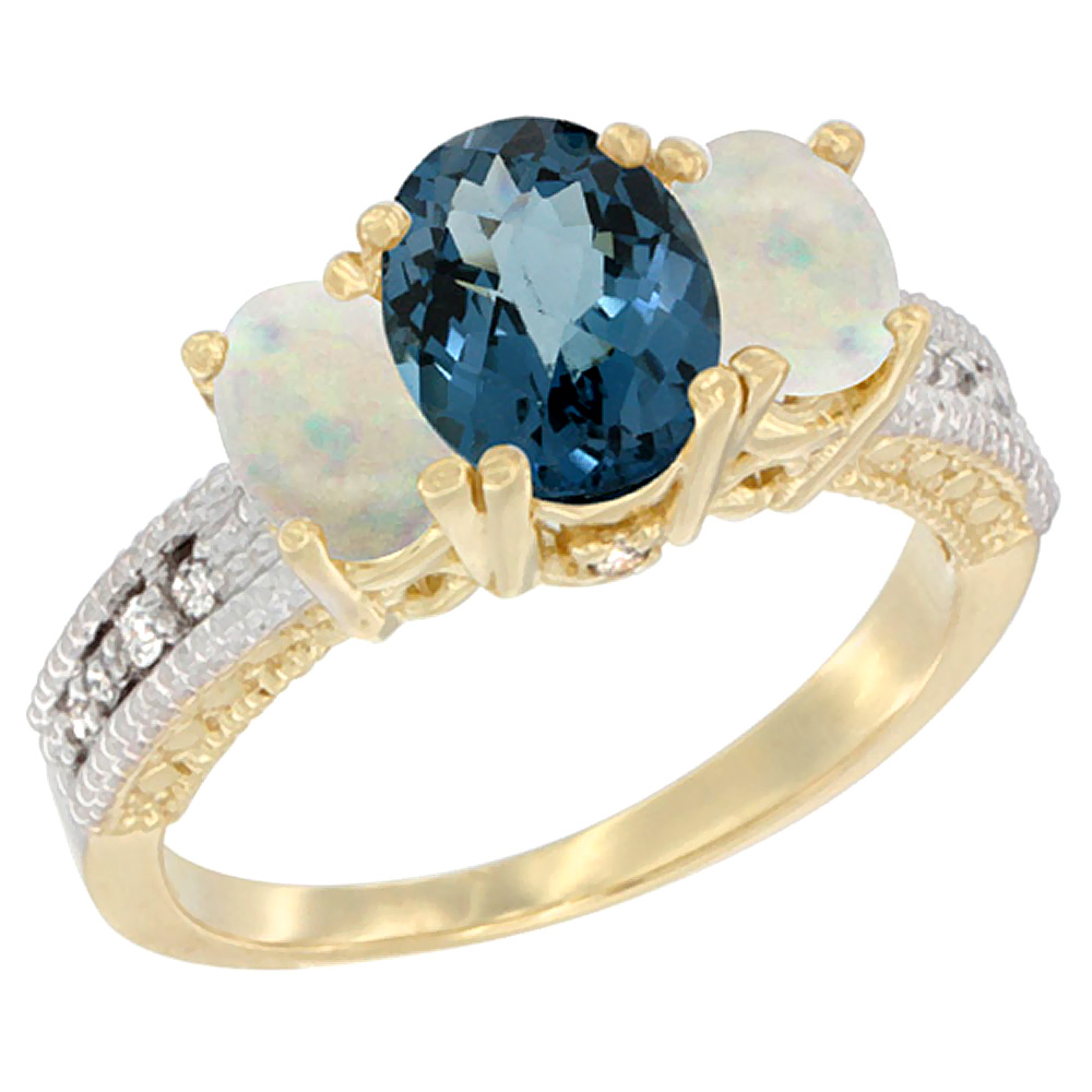 10K Yellow Gold Diamond Natural London Blue Topaz Ring Oval 3-stone with Opal, sizes 5 - 10