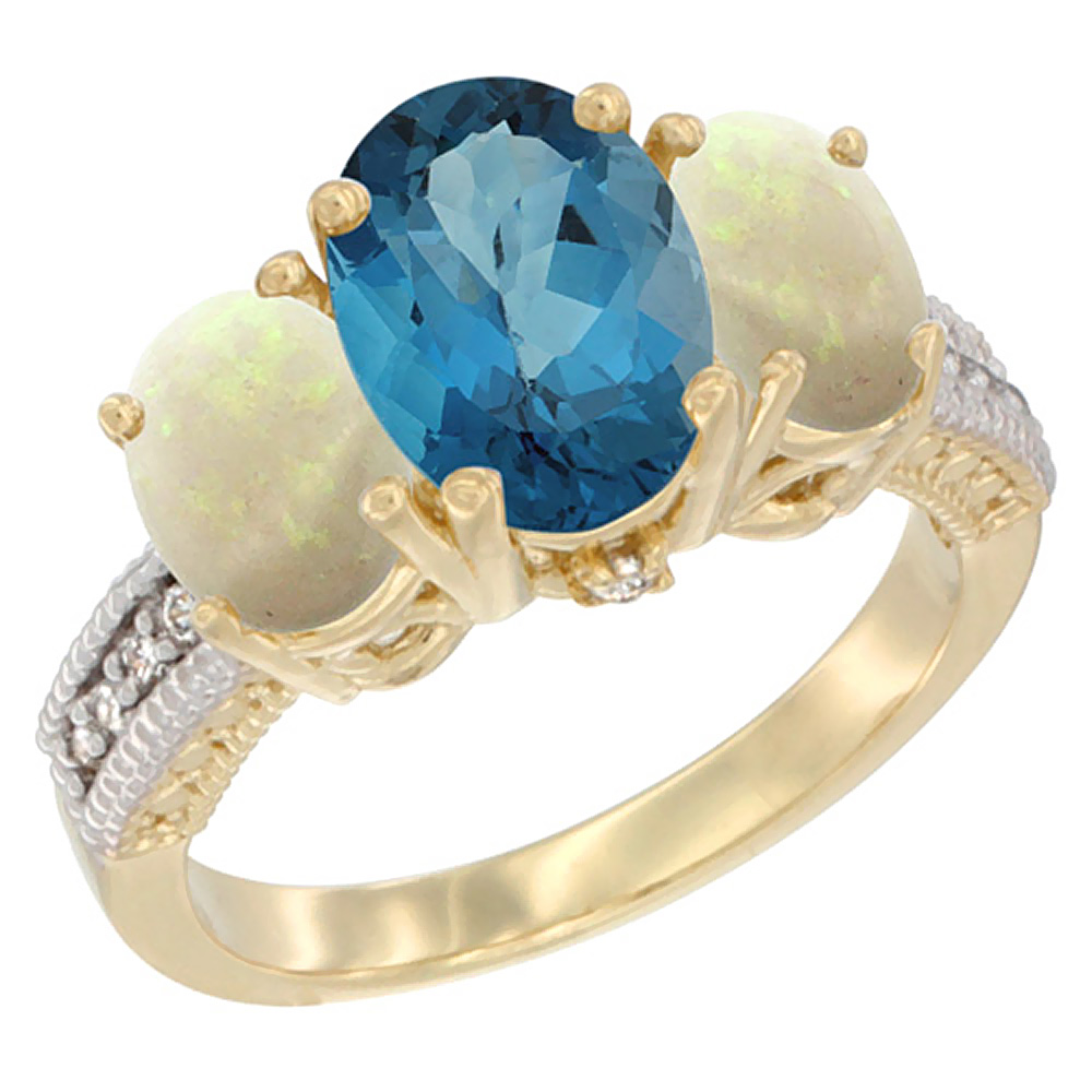 14K Yellow Gold Diamond Natural London Blue Topaz Ring 3-Stone Oval 8x6mm with Opal, sizes5-10