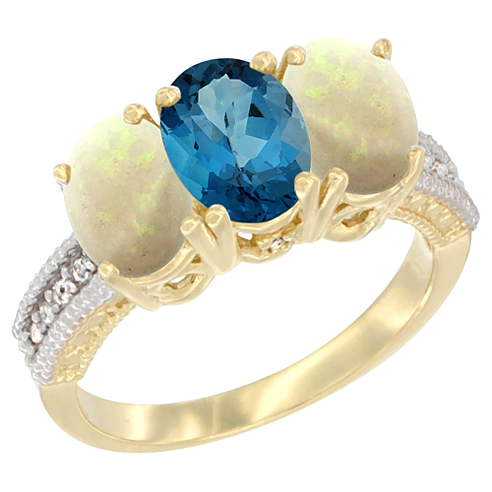 14K Yellow Gold Natural London Blue Topaz &amp; Opal Sides Ring 3-Stone 7x5 mm Oval Diamond Accent, sizes 5 - 10