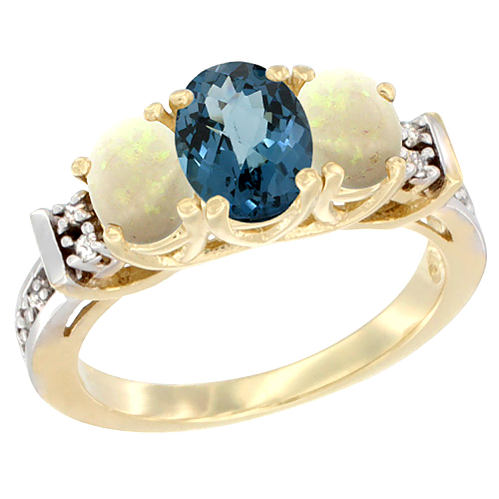 14K Yellow Gold Natural London Blue Topaz &amp; Opal Ring 3-Stone Oval Diamond Accent