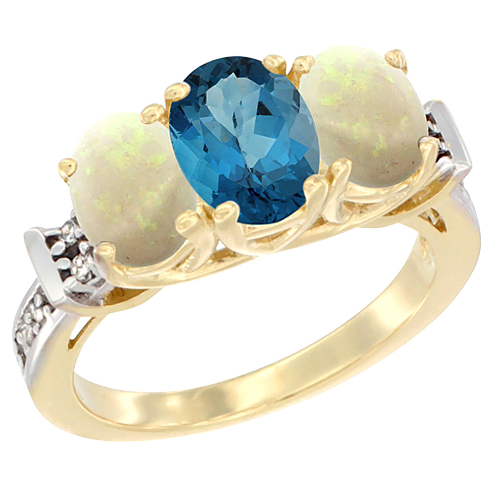 14K Yellow Gold Natural London Blue Topaz & Opal Sides Ring 3-Stone Oval Diamond Accent, sizes 5 - 10