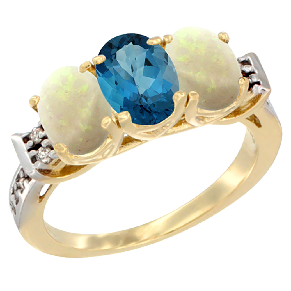 10K Yellow Gold Natural London Blue Topaz & Opal Sides Ring 3-Stone Oval 7x5 mm Diamond Accent, sizes 5 - 10
