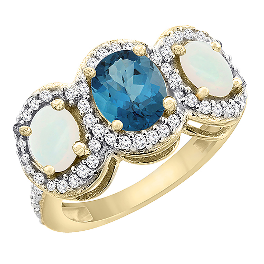 10K Yellow Gold Natural London Blue Topaz & Opal 3-Stone Ring Oval Diamond Accent, sizes 5 - 10