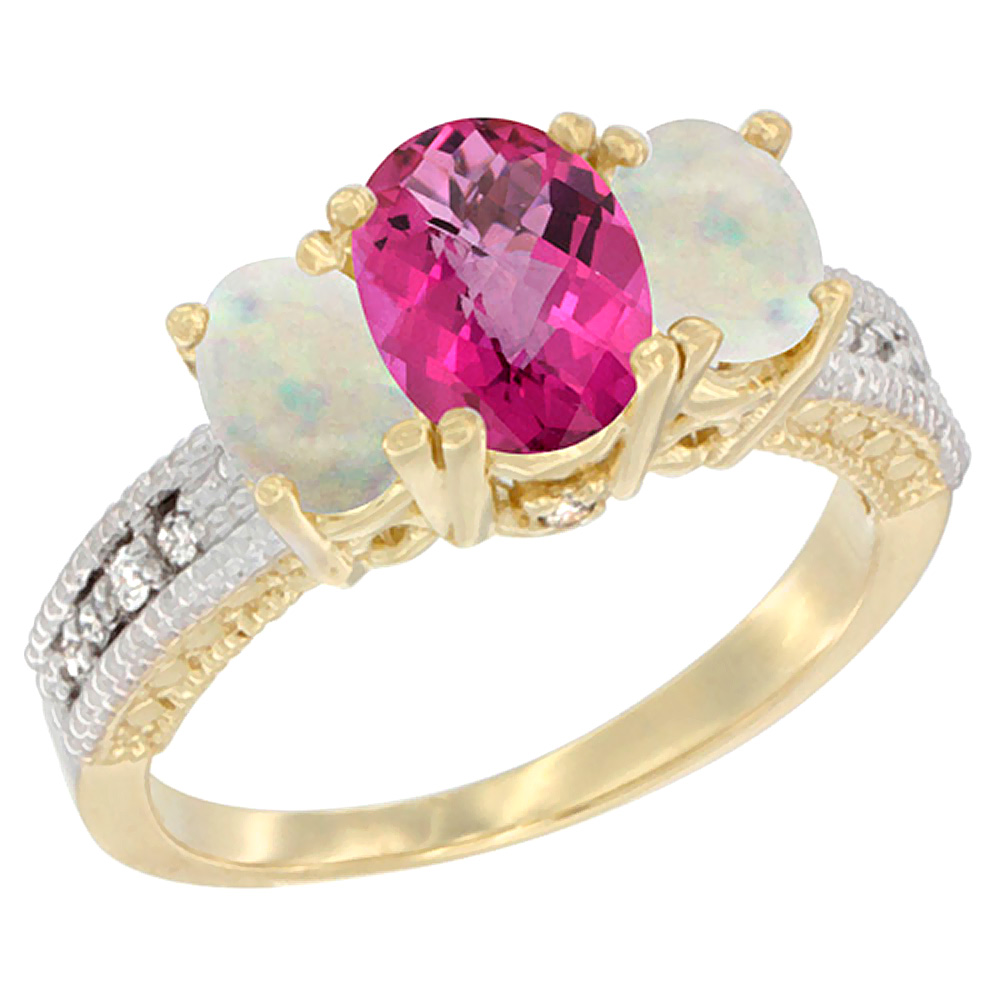 10K Yellow Gold Diamond Natural Pink Topaz Ring Oval 3-stone with Opal, sizes 5 - 10