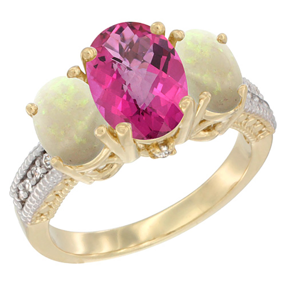 14K Yellow Gold Diamond Natural Pink Topaz Ring 3-Stone Oval 8x6mm with Opal, sizes5-10