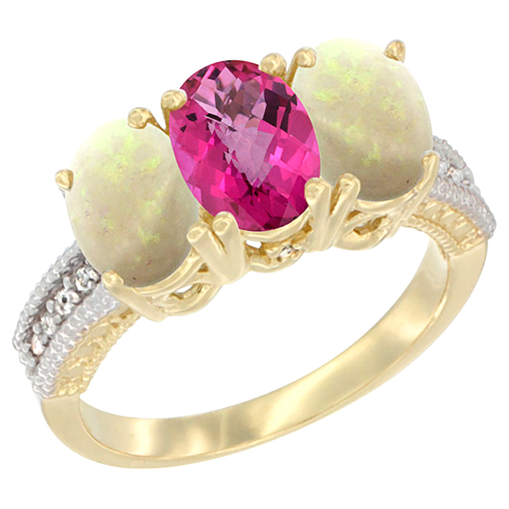 14K Yellow Gold Natural Pink Topaz &amp; Opal Sides Ring 3-Stone 7x5 mm Oval Diamond Accent, sizes 5 - 10