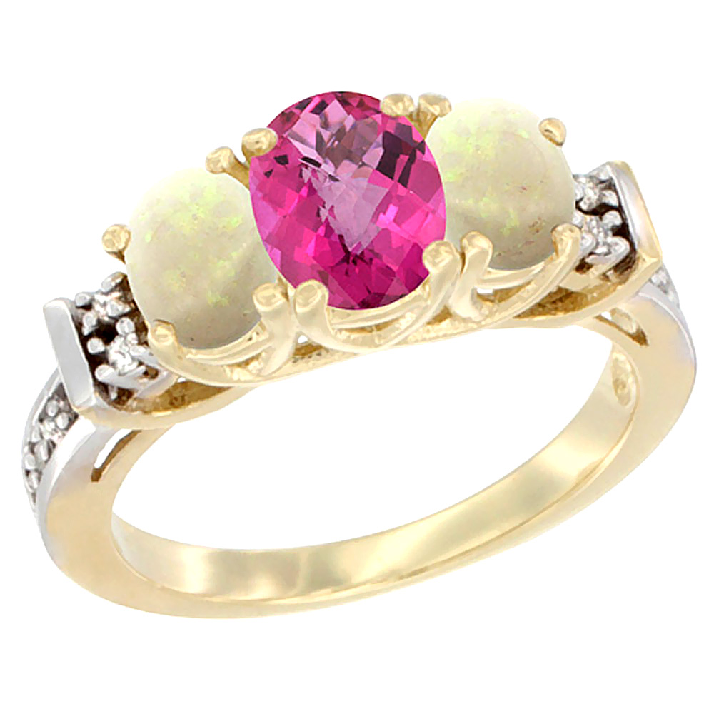 14K Yellow Gold Natural Pink Topaz & Opal Ring 3-Stone Oval Diamond Accent