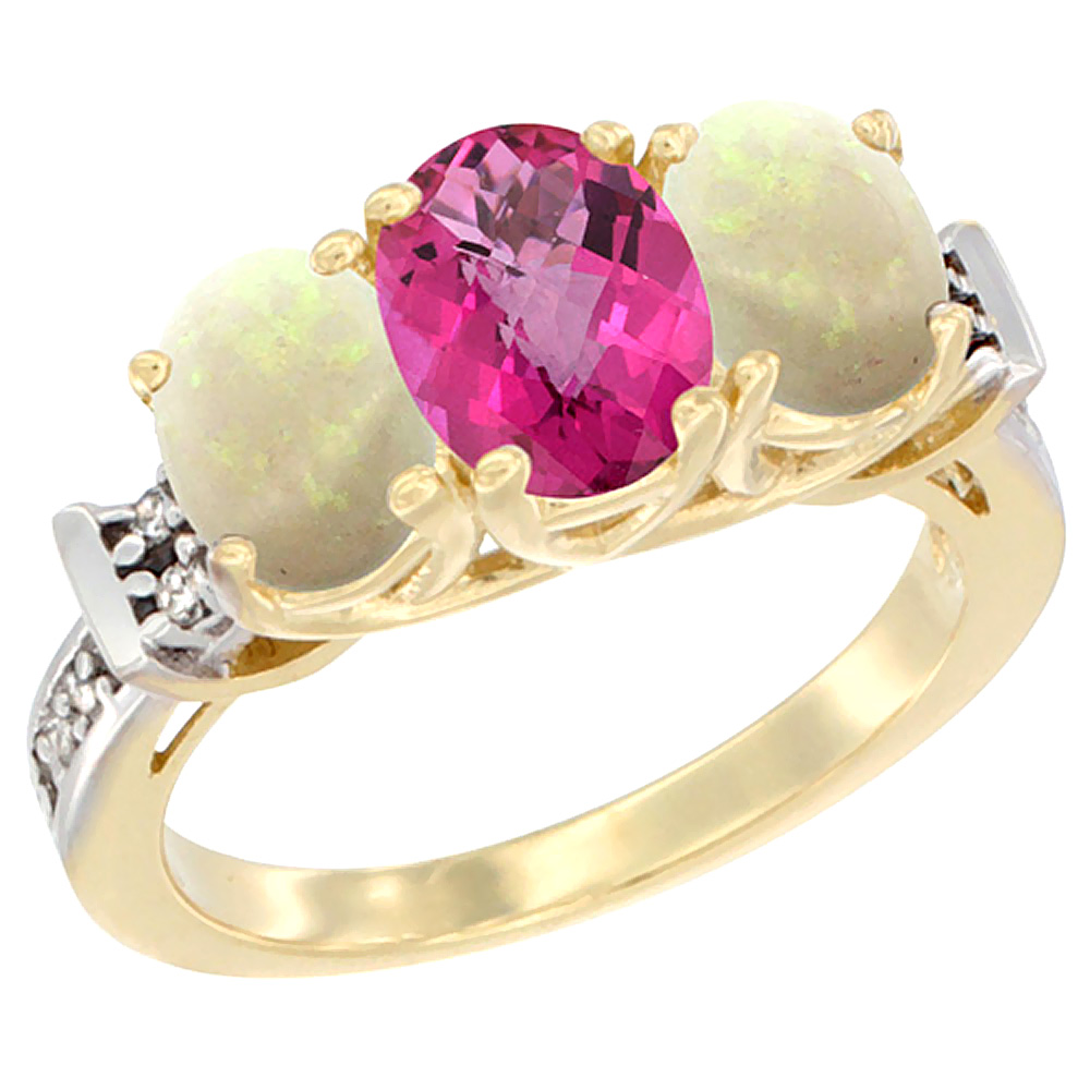 10K Yellow Gold Natural Pink Topaz & Opal Sides Ring 3-Stone Oval Diamond Accent, sizes 5 - 10