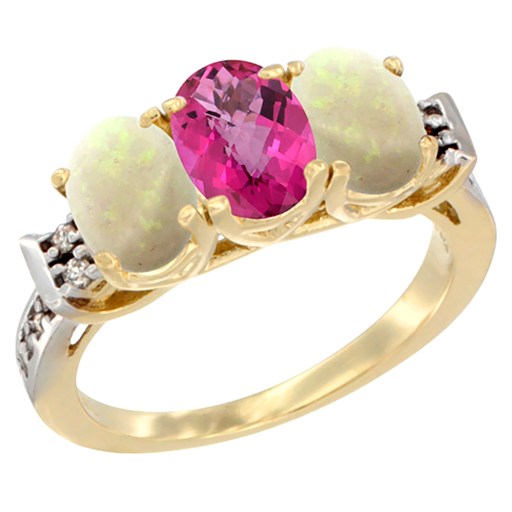 10K Yellow Gold Natural Pink Topaz & Opal Sides Ring 3-Stone Oval 7x5 mm Diamond Accent, sizes 5 - 10