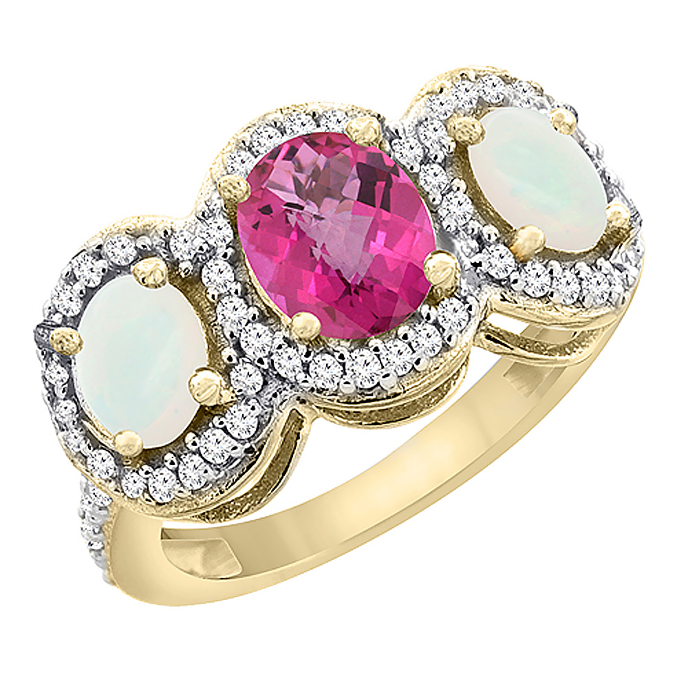10K Yellow Gold Natural Pink Topaz & Opal 3-Stone Ring Oval Diamond Accent, sizes 5 - 10