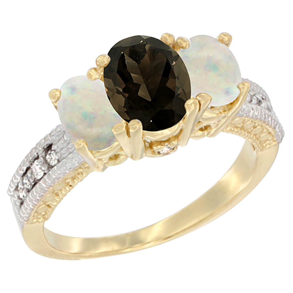 10K Yellow Gold Diamond Natural Smoky Topaz Ring Oval 3-stone with Opal, sizes 5 - 10