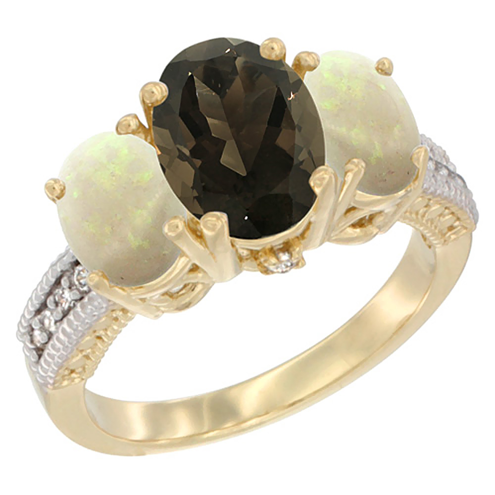 14K Yellow Gold Diamond Natural Smoky Topaz Ring 3-Stone Oval 8x6mm with Opal, sizes5-10