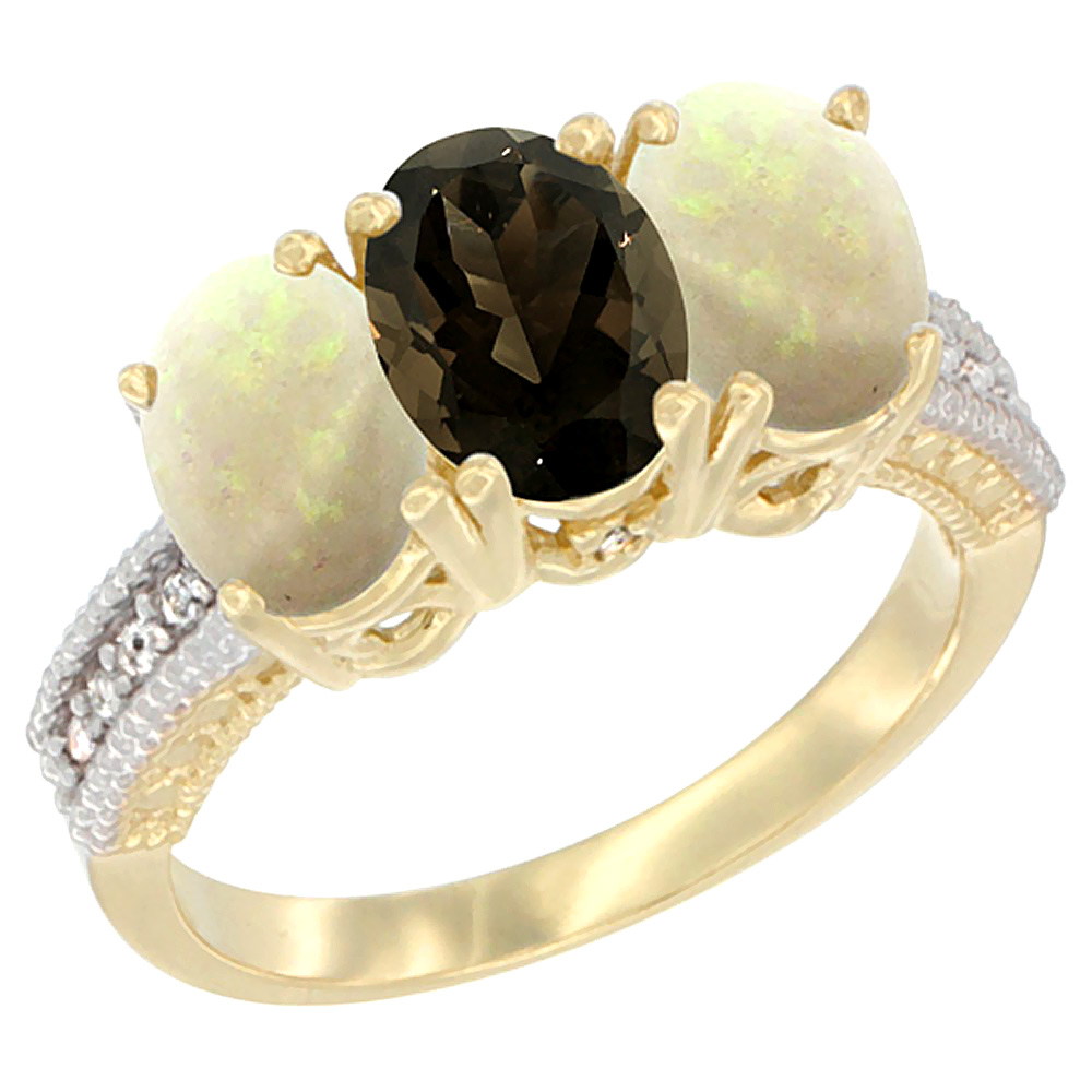 14K Yellow Gold Natural Smoky Topaz & Opal Sides Ring 3-Stone 7x5 mm Oval Diamond Accent, sizes 5 - 10