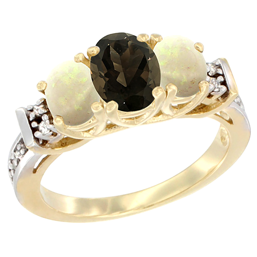 14K Yellow Gold Natural Smoky Topaz &amp; Opal Ring 3-Stone Oval Diamond Accent