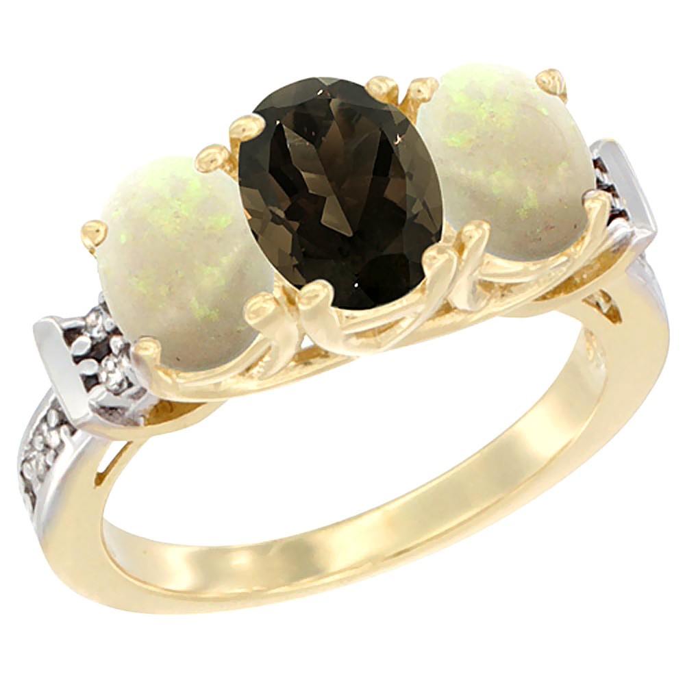 14K Yellow Gold Natural Smoky Topaz &amp; Opal Sides Ring 3-Stone Oval Diamond Accent, sizes 5 - 10