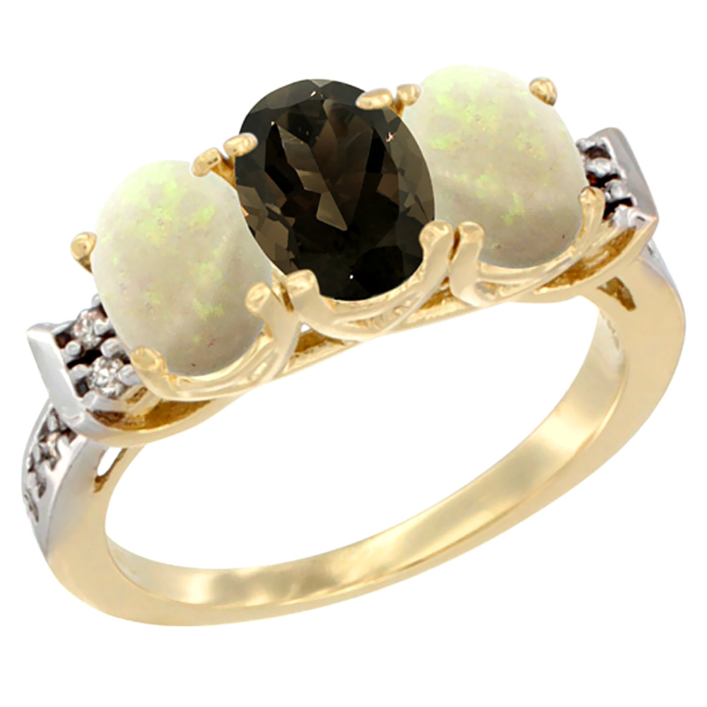 10K Yellow Gold Natural Smoky Topaz & Opal Sides Ring 3-Stone Oval 7x5 mm Diamond Accent, sizes 5 - 10