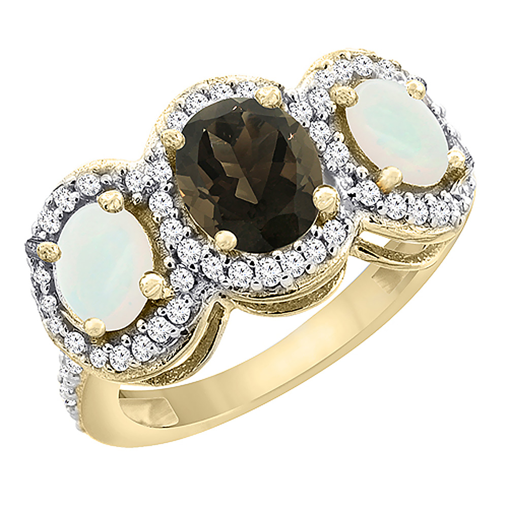 10K Yellow Gold Natural Smoky Topaz & Opal 3-Stone Ring Oval Diamond Accent, sizes 5 - 10