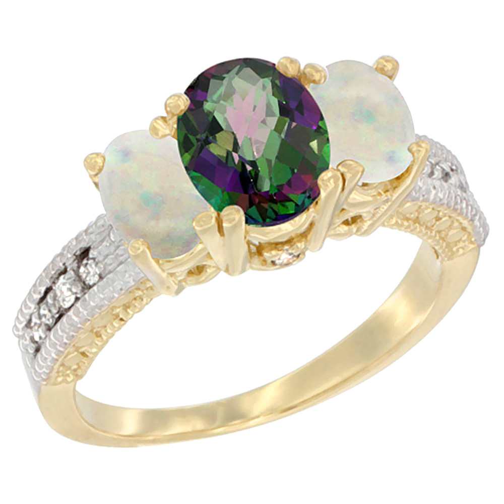 10K Yellow Gold Diamond Natural Mystic Topaz Ring Oval 3-stone with Opal, sizes 5 - 10