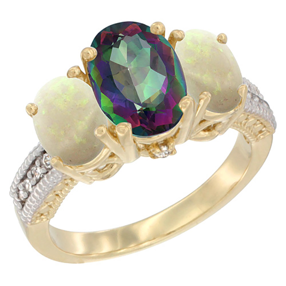10K Yellow Gold Diamond Natural Mystic Topaz Ring 3-Stone Oval 8x6mm with Opal, sizes5-10