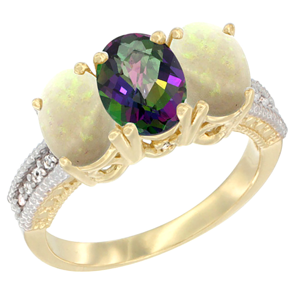 14K Yellow Gold Natural Mystic Topaz &amp; Opal Sides Ring 3-Stone 7x5 mm Oval Diamond Accent, sizes 5 - 10