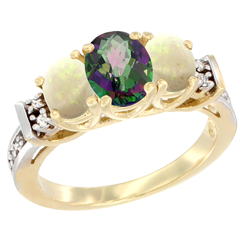 14K Yellow Gold Natural Mystic Topaz & Opal Ring 3-Stone Oval Diamond Accent