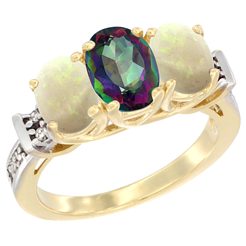10K Yellow Gold Natural Mystic Topaz & Opal Sides Ring 3-Stone Oval Diamond Accent, sizes 5 - 10
