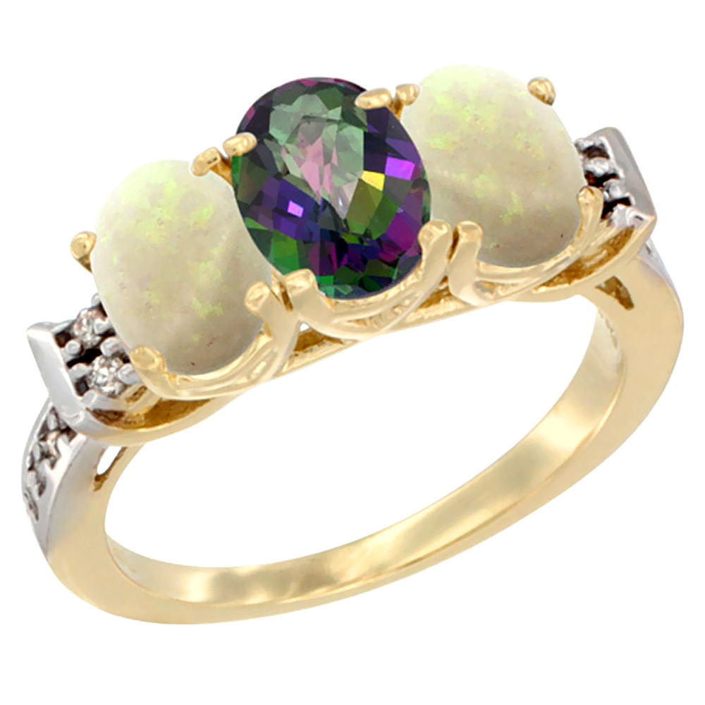 14K Yellow Gold Natural Mystic Topaz &amp; Opal Sides Ring 3-Stone Oval 7x5 mm Diamond Accent, sizes 5 - 10