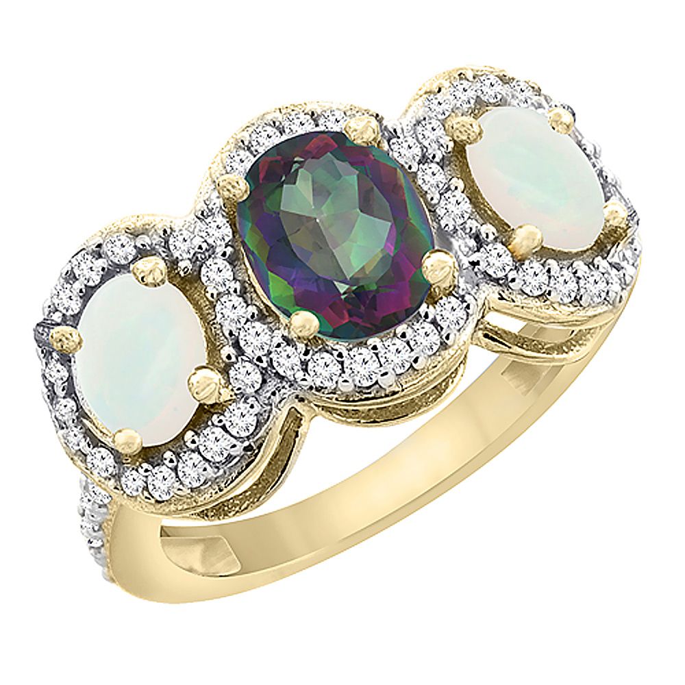 14K Yellow Gold Natural Mystic Topaz &amp; Opal 3-Stone Ring Oval Diamond Accent, sizes 5 - 10